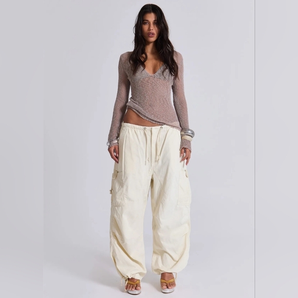 Jaded London Pants - Jaded London Ecru Parachute Cargo Pants Size S